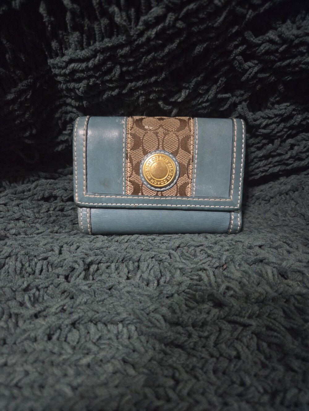 Coach Blue and Brown Signature Tri-Fold Wallet